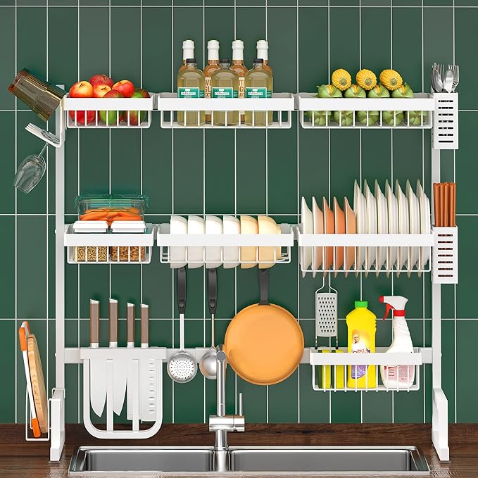 PUSDON Over Sink Dish Drying Rack Stainless Steel, Adjustable Large Dish Drainer