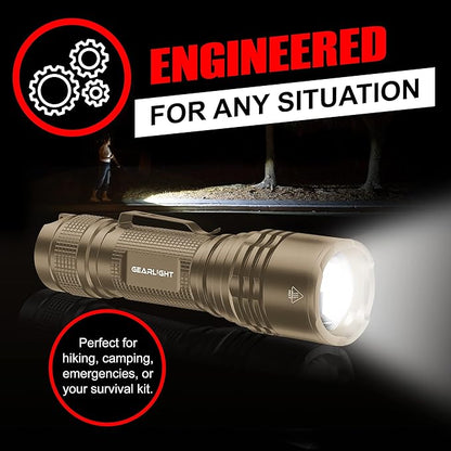 GearLight TAC LED Flashlight Pack - 2 Super Bright, Compact Tactical Flashlights with High Lumens for Outdoor Activity & Emergency Use - Gifts for Men & Women - Desert Tan