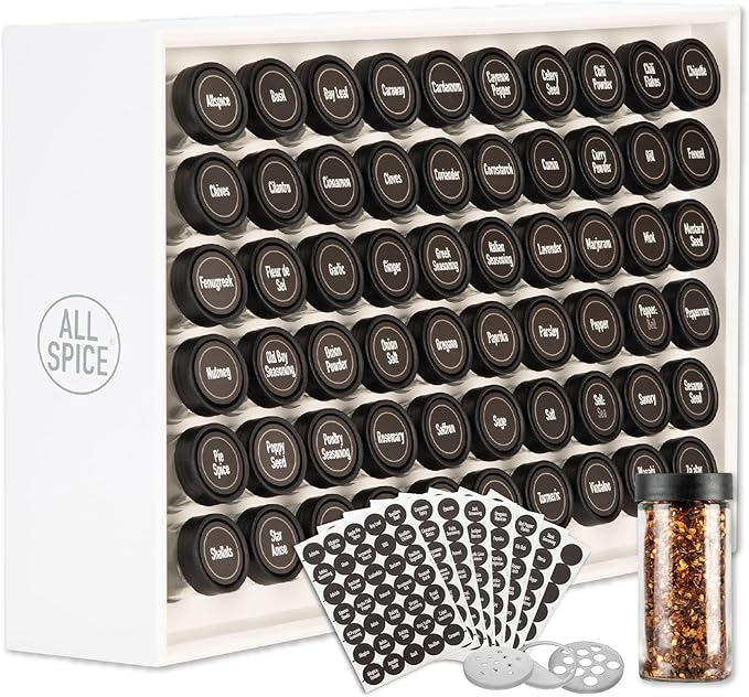 AllSpice Spice Rack Organizer, 525 Unique Labels, Countertop or Wall Mount