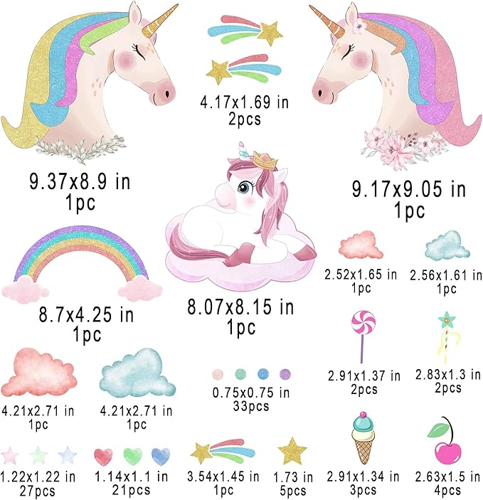 Glow in The Dark Unicorn Wall Stickers Decals, Removable Dots Stars Decals for Ceiling, Luminous Rainbow Wall Decal for Nursery, Room Decor Boys Girls Bedroom Playroom