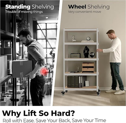 HOMEDANT House White 5-Tier Metal Rolling Cart Shelf Rack Casters Heavy Duty Wheel Shelving Unit Adjustable Utility Storage Shelves Organizer Shelf Kitchen Garage 36.2" W x 16.5" D x 69.5" H 1Pack