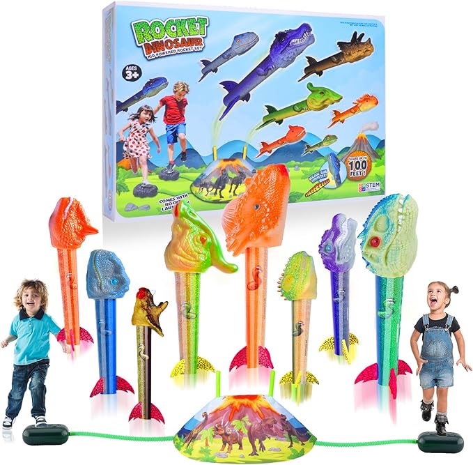 Dinosaur Rocket Launcher for Kids - Launch Up to 100 Ft, 8 Rockets and 2 Pads for Multi-Player, Dinosaur Toys, Birthday Gift Ideas, for 3 4 5 6 7 Year Old Boys, Outdoor Outside