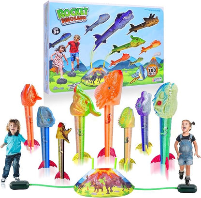 Dinosaur Rocket Launcher for Kids - Launch Up to 100 Ft, 8 Rockets and 2 Pads for Multi-Player, Dinosaur Toys, Birthday Gift Ideas, for 3 4 5 6 7 Year Old Boys, Outdoor Outside