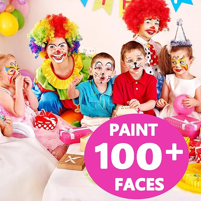 Maydear Face Painting Kit for Kids, 32 Colors Water Based Makeup Palette with Stencils, Glitters, Rainbow Split Cake, Hair Dye Clips, for Parties, Halloween, Safe Professional Face Body Paint Kit