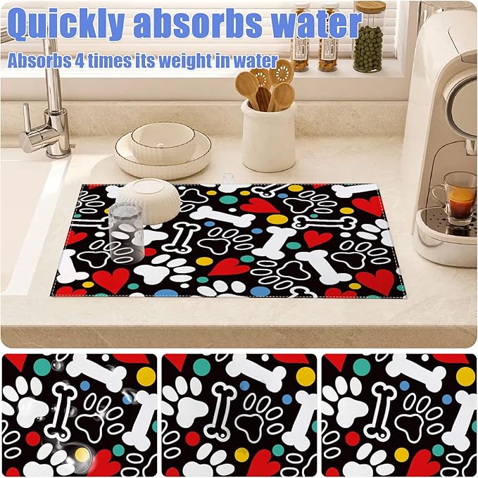 Dog Paw Bone Dish Drying Mat for Kitchen Counter Drying Pad Absorbent