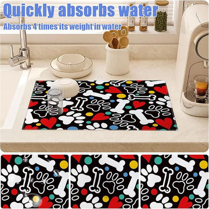 Dog Paw Bone Dish Drying Mat for Kitchen Counter Drying Pad Absorbent