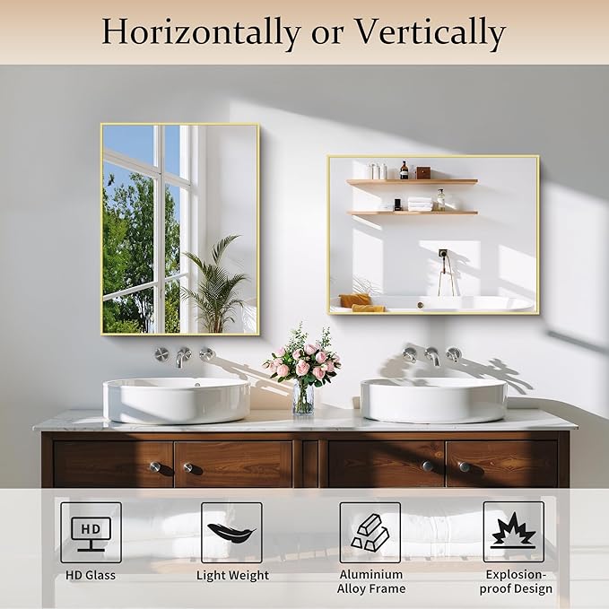 Gold Bathroom Mirror for Wall, 18x24 Inch Rectangle Mirror