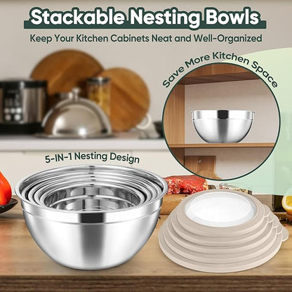 Herogo 5-Piece Mixing Bowls with Airtight Clear Lids, 3 Grater Attachments, Stainless Steel Salad Bowls for Kitchen, Size 4.6, 3.5, 2.5, 2, 1.5QT Ideal for Baking, Prepping and Serving, Khaki