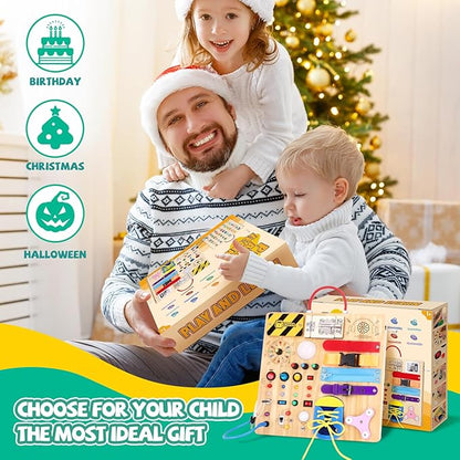 Busy Board,Montessori Toys for 1-3 Years Old, Wooden Toddler Toys, Autism Sensory Travel Toy, Ideal Gift for 1+ Year Old Boys (Busy Board Plus v3)