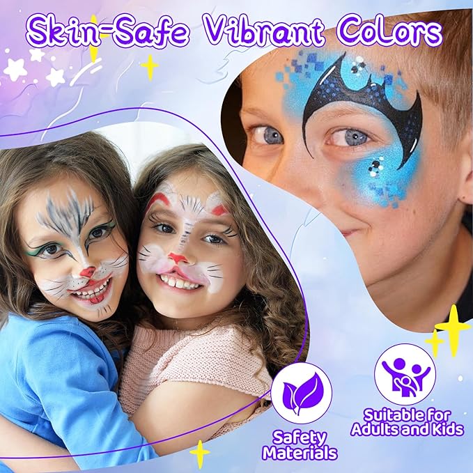 42 Colors Face Painting Kit for Kids，Non-Toxic Water Face Painting Palette Kit Professional whit Brushes，Stencils，Gems，sponges，Book&Glitters.Carnival，Halloween，Cosplay，Party； for Kids Makeup Artist