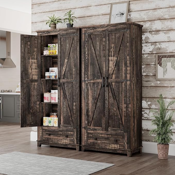 Farmhouse Kitchen Pantry Cabinet, 72" Tall Storage Cabinet with Adjustable Shelves & Barn Doors, Freestanding Kitchen Cupboard for Dining Room, Living Room, Dark Rustic Oak