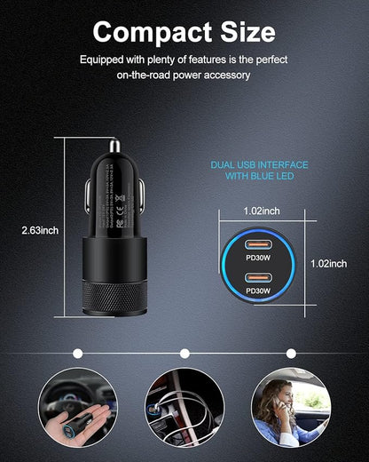 60W USB C Car Charger, 2 Pack AILKIN USB C Cigarette Lighter Adapter Fast Charging Dual Port PD3.0 Type C Car Charger Plug Compatible with iPhone 17 16 15 14 Pro Max Galaxy S26/S25/S24 Pixel 10 9Pro