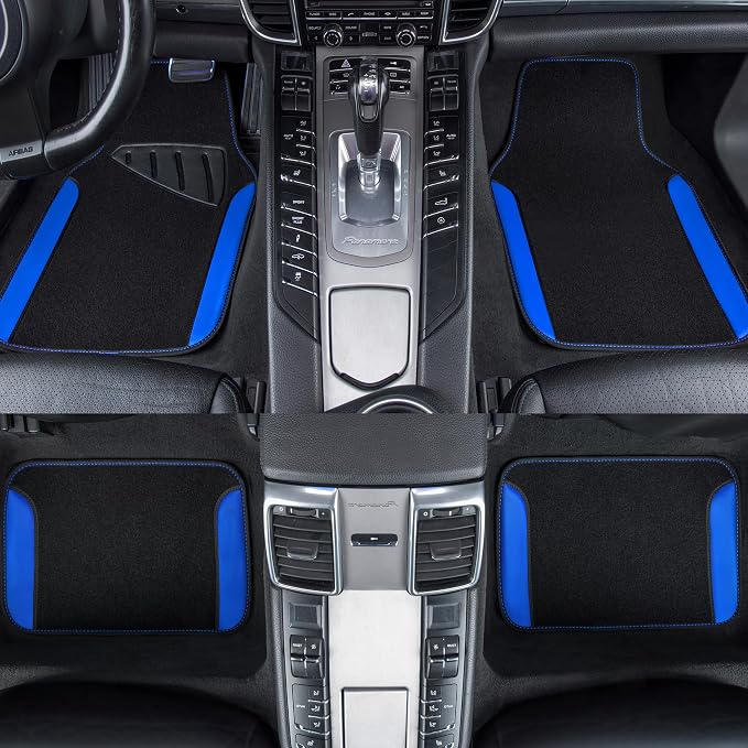 CAR PASS Rainbow Waterproof Universal Fit Faux Leather Car Carpet- Anti-Slip Nibbed Backing Floor Mats for SUV, Vans, Sedans, Trucks, Automotive Set of 4pcs (Black with Blue)