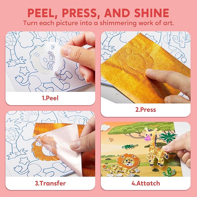 Klever Kits Foil Art Kit for Kids - Arts & Crafts Supplies, Mess Free Coloring, Animal Foil Foam Stickers, Creative Travel Toys, Birthday Gifts for Boys & Girls Ages 4 and Up