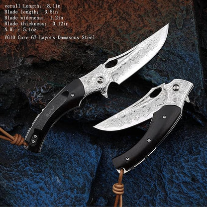 3.5 inch Japanese VG10 Damascus Steel Outdoor Folding Knife with Black Wood Handle, Lined Lock, EDC & Camping Use