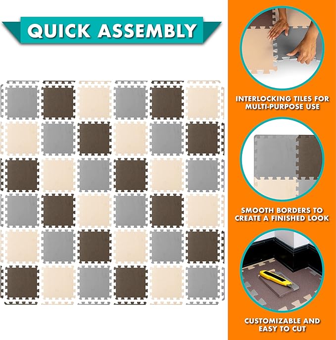 ProSource Foam Puzzle Floor Play Mat for Kids and Babies with Solid Colors, 36 or 16 Interlocking Tiles with Borders, Brown/Beige/Grey