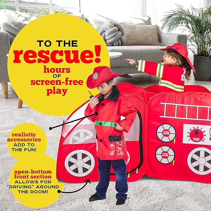 Kiddey Fire Truck Tent for Kids | Firetruck Play Tents with Sirens and Fireman Sounds for Girls, Boys, & Toddlers Gifts | Red Fire Engine Pop Up Playhouse with Costume | Indoor & Outdoor Baby Tent