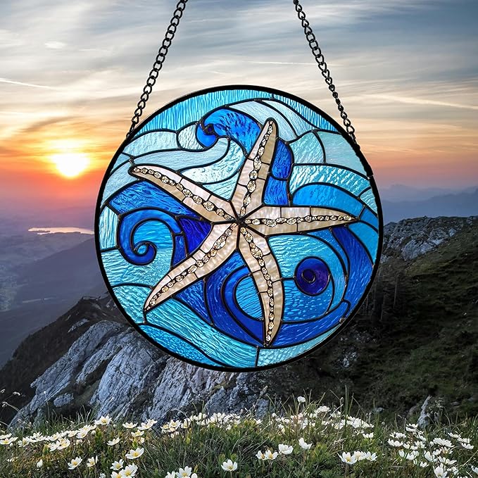 DASTOLL Stained Glass Window Hanging 4 Pcs Set Blue Ocean Waves 7.8"