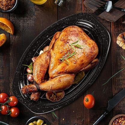13” Roaster Pan with Lid and Rack, Small Enamel Roaster Pan with Oval Roasting