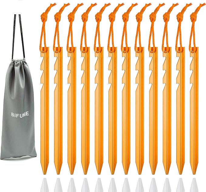 Aluminum Alloy Tent Stakes Pegs, 12-Pack Aluminum Ground Pegs with Reflective Pull Ropes, Lightweight Metal Stakes Pegs for Camping Tents Hammocks