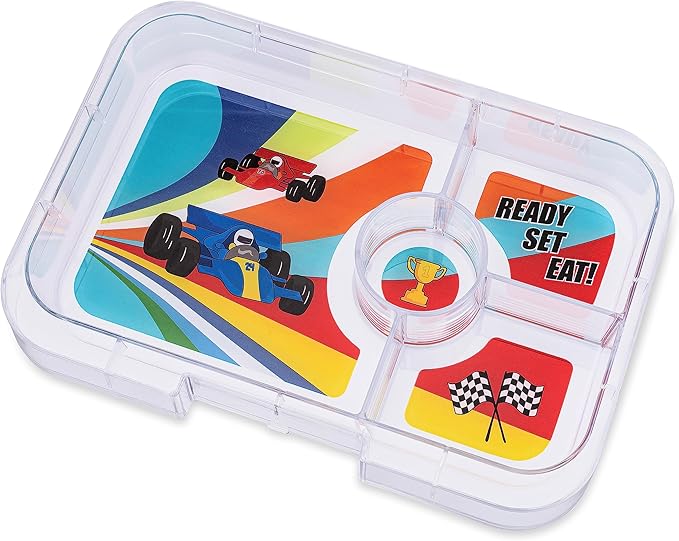 Yumbox Tapas 4-Compartment Bento Lunch Box, Large Size, Perfect for Sandwiches, Eco-friendly, Leakproof (Greenwich Green- Race Cars Tray)