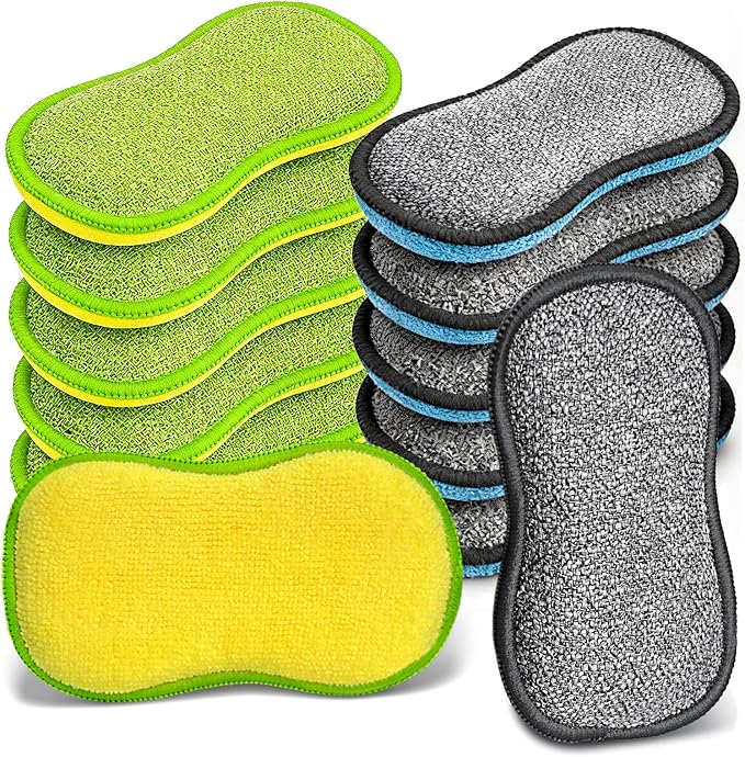 Dish Sponges Kitchen, 12 Pack Multi-Purpose Microfiber Scrub Sponge