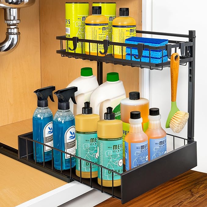 LYNK PROFESSIONAL® Pull Out Under Sink Kitchen Cabinet Organizer - 10" W x 14" D 2-Tier Drawer - Sliding Shelf Organizer for Cabinets and Undersink Storage Shelves - Lifetime Ltd. Warranty – Black