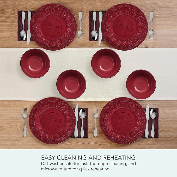Pfaltzgraff Trellis Snowflakes 12 Piece Dinnerware Set, Service For 4, Red