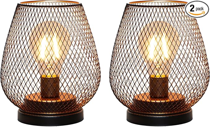TRIROCKS Set of 2 Battery Operated Lamp LED Table Lantern, Metal Cage Cordless Lamps with LED Bulb，Vintage Decorative Outdoor Lantern for Weddings, Parties, Patio, Events for Indoors Shelf Decor