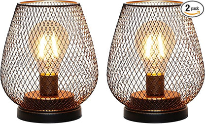 TRIROCKS Set of 2 Battery Operated Lamp LED Table Lantern, Metal Cage Cordless Lamps with LED Bulb，Vintage Decorative Outdoor Lantern for Weddings, Parties, Patio, Events for Indoors Shelf Decor