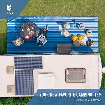 CGEAR RV Comfort Mat – Patented Sand-Free Technology with Ultra Soft Material – Sized to Your RV, Campsite, Beach House – Great Outdoor Patio Rug for RV and Camping (Navy Dynamic Stripe, 8' x 14')