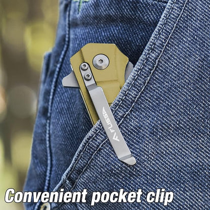 FLISSA Folding Pocket Knife, Tactical Knife with Liner Lock, Tanto Blade, Pocket Clip, Glass Breaker, Seatbelt Cutter, Perfect for Hunting, Camping, Survival (Coyote Brown)