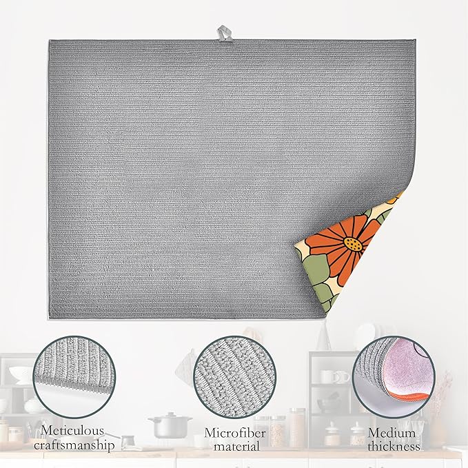 Retro 70s Groovy Flowers Dish Drying Mats 18x24 Inch, Daisy Boho Dish Pad