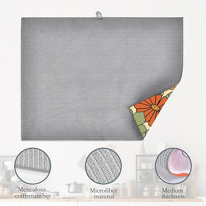 Retro 70s Groovy Flowers Dish Drying Mats 18x24 Inch, Daisy Boho Dish Pad