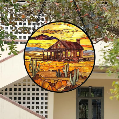 DASTOLL Stained Glass Window Hanging 4 Pcs Set Desert Sunset Theme Landscape