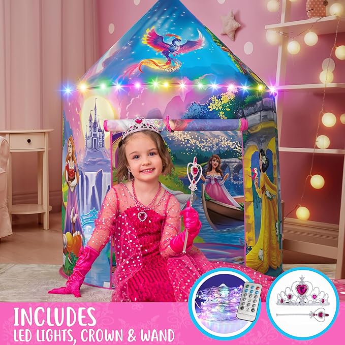 W&O Princess Tent with Fantasy Sound Button, LED Lights, Crown & Wand – Magical Indoor & Outdoor Playhouse for Kids Ages 3-8