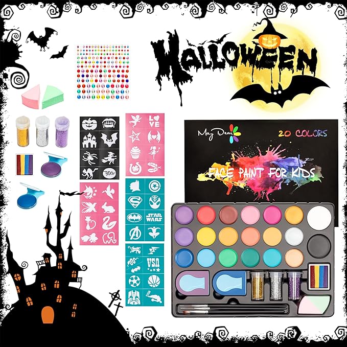 Maydear Face Painting Kit for Kids - 20 Colors Water Based Makeup Palette with Stencils, Glitters, Rainbow Split Cake, Hair Dye Clips, for Parties, Halloween, Safe Professional Body & Face Paint Kit