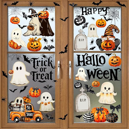 Halloween Window Clings,Double-Sided Reusable Window Decals,Vintage Ghost Pumpkin Bat Stickers for Glass Windows,Home Shop Glass Decorations,9 Sheets