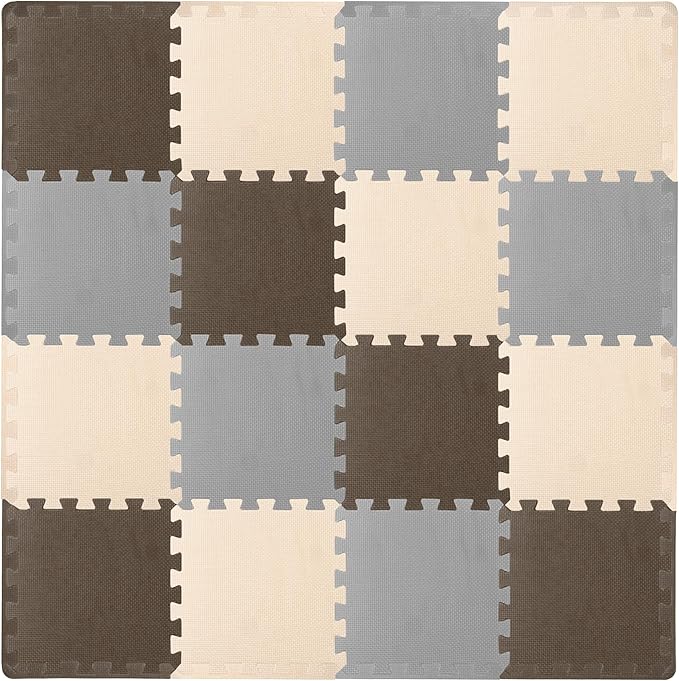 ProSource Foam Puzzle Floor Play Mat for Kids and Babies with Solid Colors, 36 or 16 Interlocking Tiles with Borders, Brown/Beige/Grey