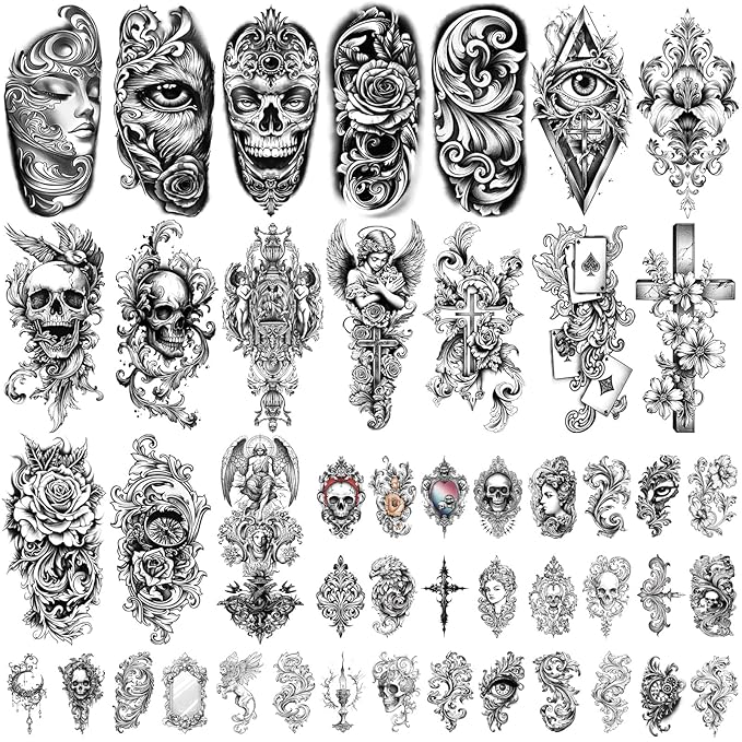 Temporary Tattoos for Adults, 47 Sheets Baroque Religious Flower Skull Designs Fake Tattoos, 17 Half Arm tat and 30 Small temp Tattoos