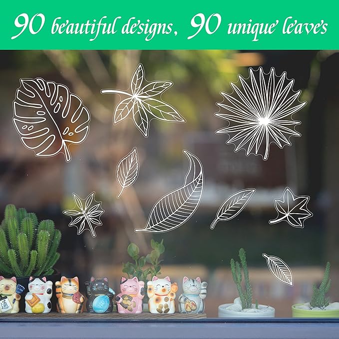 90 PCS Leaf Window Clings - Double Sided White Leaves Stickers - 90 Designs - Reusable Window Decals - Static Clings - Bird Alert - Prevent Bird Strikes