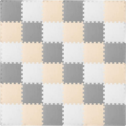 ProSource Foam Puzzle Floor Play Mat for Kids and Babies with Solid Colors, 36 or 16 Interlocking Tiles with Borders, White/Grey/Beige