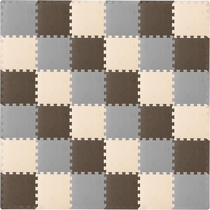 ProSource Foam Puzzle Floor Play Mat for Kids and Babies with Solid Colors, 36 or 16 Interlocking Tiles with Borders, Brown/Beige/Grey