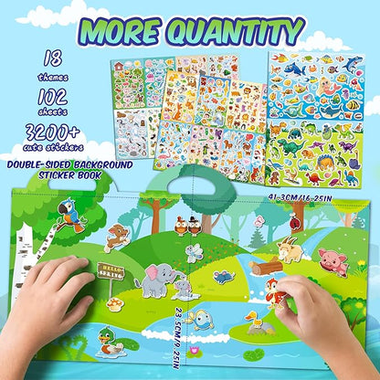 3200+PCS Stickers for Kids, 102 Sheets Cartoon Animal Sticker for Toddlers, Reward Cute Stickers 18 Theme for School Teachers Students Parents, Scrapbook Journal Gifts Decor