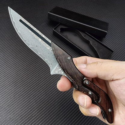 HUAAO Damascus Folding Knife, Yellow Sandalwood Handle with Mechanical Lock, Tactical Pocket Knife for Outdoor Camping Survival Hunting Self Defense Multitool
