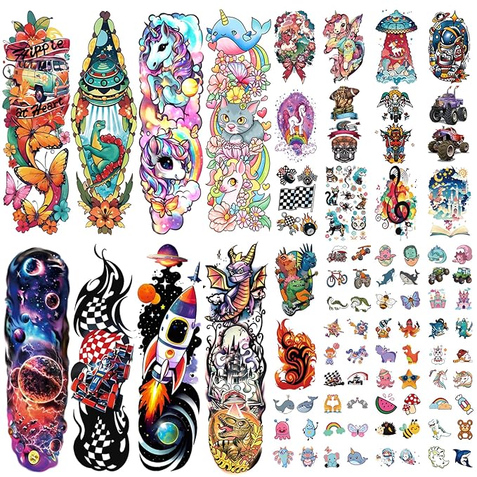 52 PCS Kids Full Arm Temporary Tattoos - Rocket Car Dinosaur Planet Astronaut & Dolphin Castle Cat Body Tattoos Stickers for Boys & Girls, Party Supplies Gifts