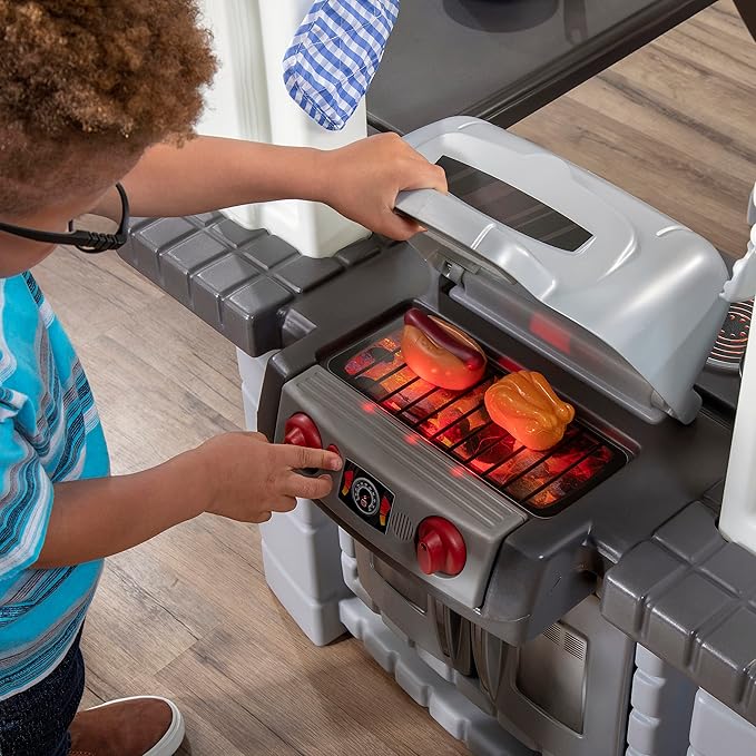 Step2 Grand Walk-in Kitchen & Grill Kids Playset, Indoor/Outdoor Kitchenette, Interactive Play with Lights and Sounds, Durable Plastic, 103 Piece Toy Accessories, Toddlers 2+ Years Old, Gray/White
