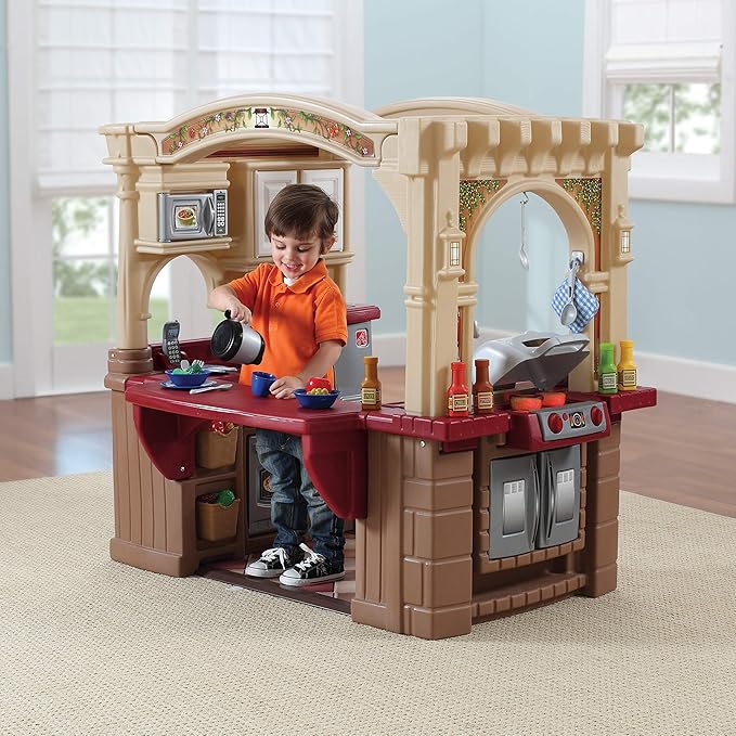 Step2 Grand Walk-In Kitchen & Grill Kids Playset, Indoor/Outdoor Kitchenette, Interactive Play with Lights and Sounds, Durable Plastic, 103 Piece Toy Accessories, Toddlers 2+ Years Old, Brown/Tan