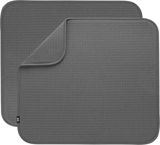 S&T INC. Dish Drying Mat 2 Pack, 16” x 18”, Absorbent Microfiber Kitchen