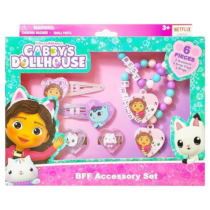 LUV HER Gabby's Dollhouse Girls BFF 6 Piece Toy Jewelry Box Set with 2 Rings, 2 Bead Bracelets and Snap Hair Clips Ages 3+
